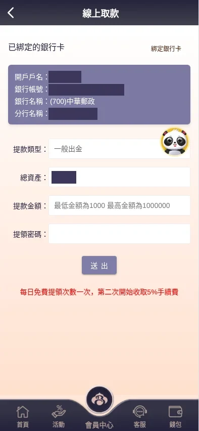 締寶線上取款表單：已綁定的銀行卡、提款類型、總資產、提款金額、提領密碼與送出按鈕，底部紅字說明每日免費一次、第二次開始收取 5% 手續費