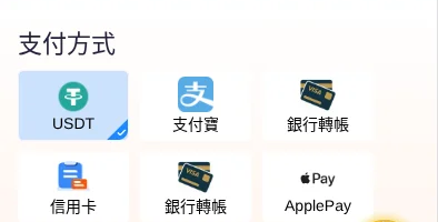 締寶支付方式的六個按鈕：USDT、支付寶、銀行轉帳、信用卡、銀行轉帳、ApplePay