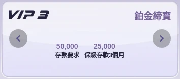 締寶 VIP3 鉑金締寶等級卡：存款要求 50,000、保級存款3個月 25,000