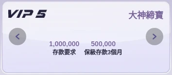 締寶 VIP5 大神締寶等級卡：存款要求 1,000,000、保級存款3個月 500,000