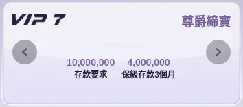 締寶 VIP7 尊爵締寶等級卡：存款要求 10,000,000、保級存款3個月 4,000,000